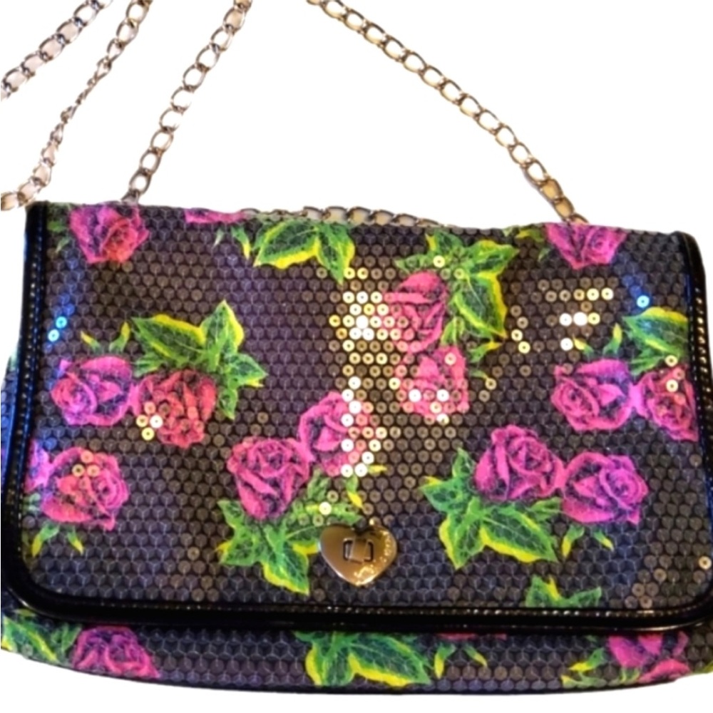 Betsey Johnson Crossbody Bag Sequin Roses Silver Chain Strap